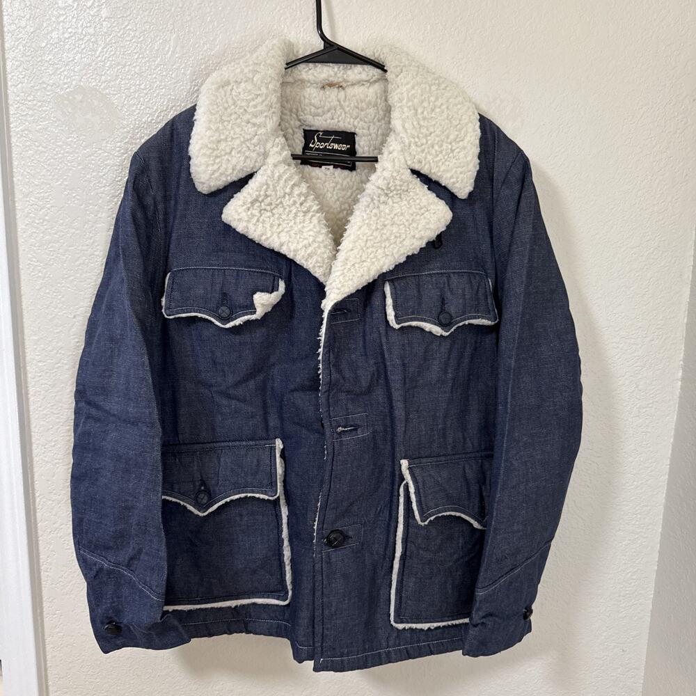 Vintage Sears Western Sportswear Denim Fleece Lined Parka Peacoat Jacket Size 42